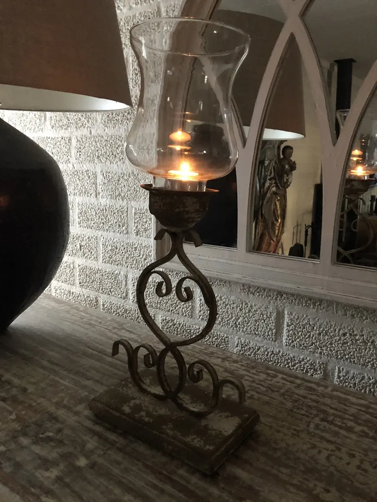 Kerzenständer, Windlicht, Metall-Glas, schöne Schmiedeeisenarbeit decoratie voor in houseandgarden.shop - het huis! om - webshop dé én