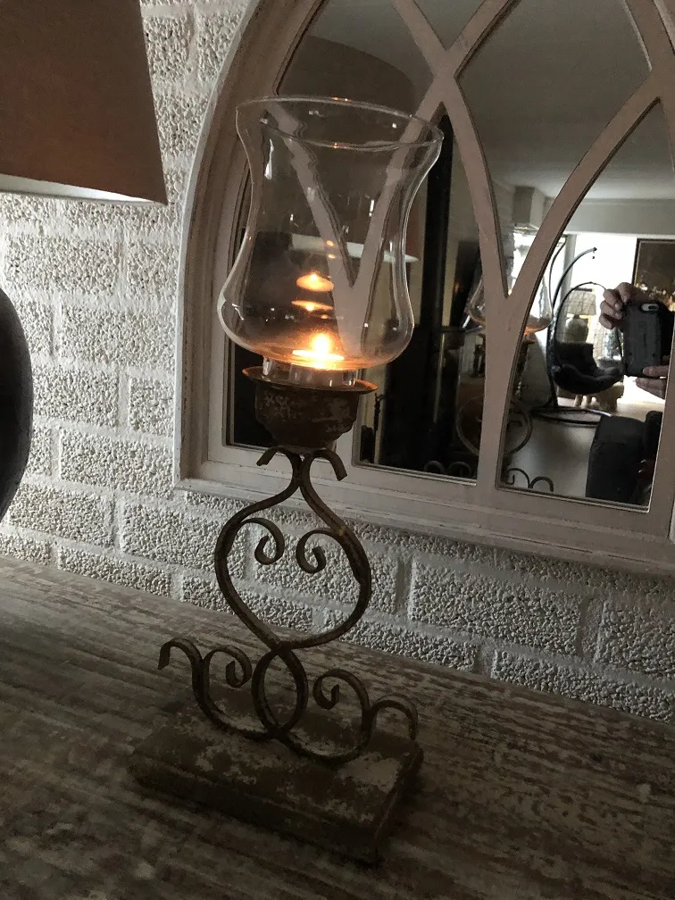 Kerzenständer, Windlicht, Metall-Glas, schöne Schmiedeeisenarbeit om huis! - én in dé webshop - voor decoratie houseandgarden.shop het