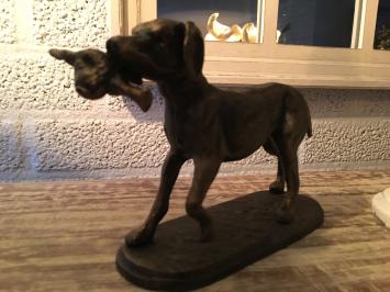 Jagdhund mit Beute in Bronze Metall Optik