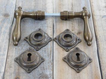 Set deurklinken met rozetten, Art Nouveau motief 3 lelies BB72 binnendeur - Messing