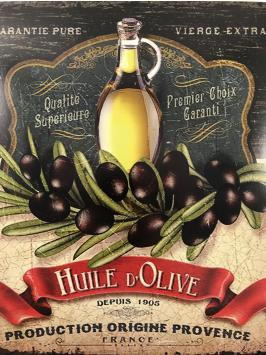 Metalen bordje met olijven, olijfolie: ''HUILE D'OLIVE''