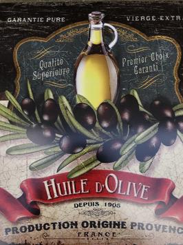 Metalen bordje met olijven, olijfolie: ''HUILE D'OLIVE''