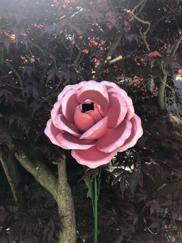 Ein Kunstwerk, große rosa Rose aus Metall, auf Stiel