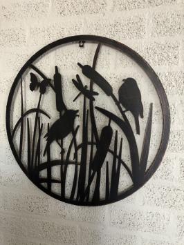 Wandornament, muurdecoratie metaal rond, vogels