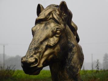 Gartenstatue Pferd, Pferdekopf Statue groß, gold mit schwarz